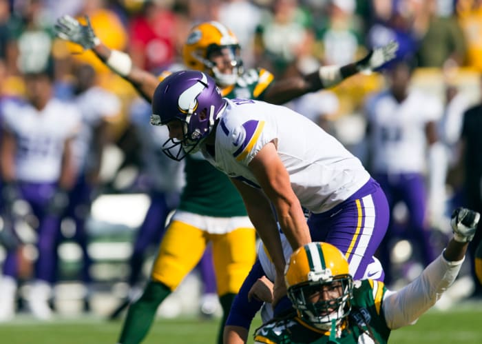 Daniel Carlson was out after missing three kicks at Lambeau Field in his second career game. (Photo by USA Today Sports Images)